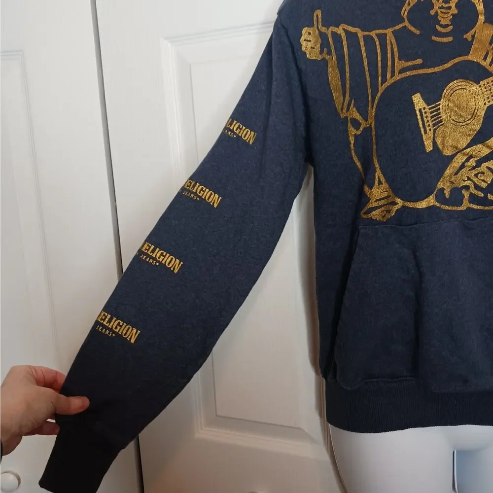 True Religion Blue and Gold Buddha Logo Pullover Hoodie